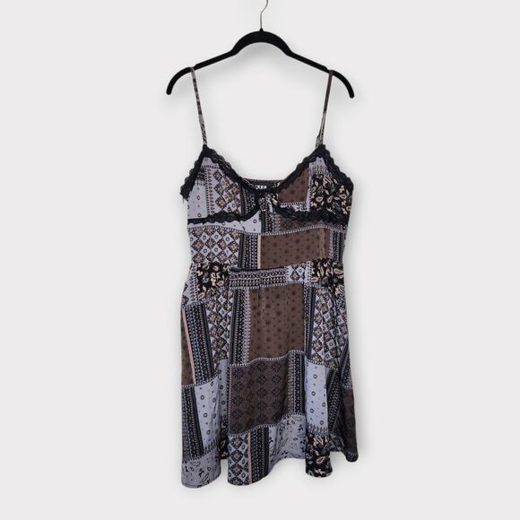 Cider Womens Paisley Patchwork Lace Trim Slip Dress Black Brown XL Whimsy Goth - Picture 2 of 9